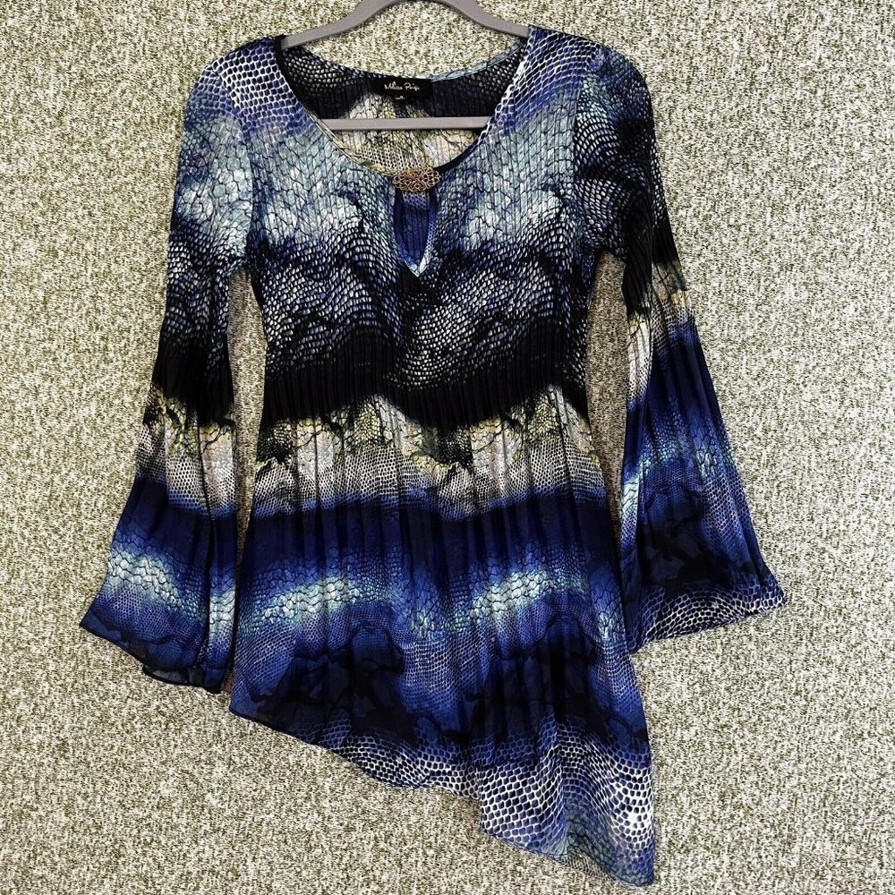Melissa Paige Tops Womens Small Blue Snake Print Sheer Asymmetrical Bell Sleeve